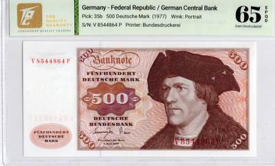 喜羊羊钱币收藏2026第14期(评级币场) - 	德国	P-35b 1977年500马克		65E，大副				V8544864P			