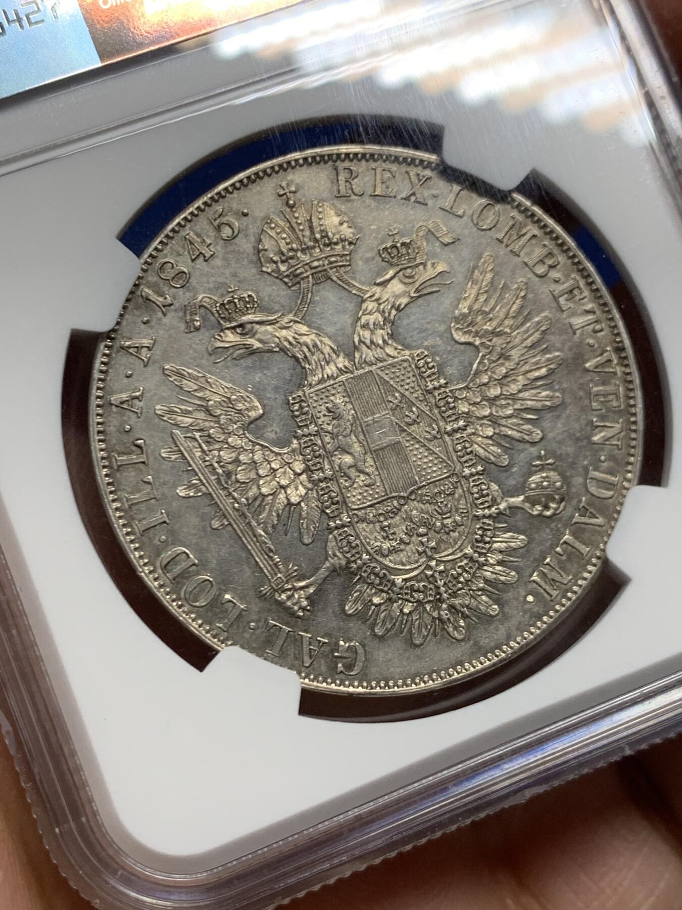 《竞宝斋》第460场 周日，周一，2场连拍 （全场包邮）欢迎送拍 NGC MS61 奥地利帝国 1845年 费迪南一世 泰勒大银币 少见的大头版 高点细节都很不错