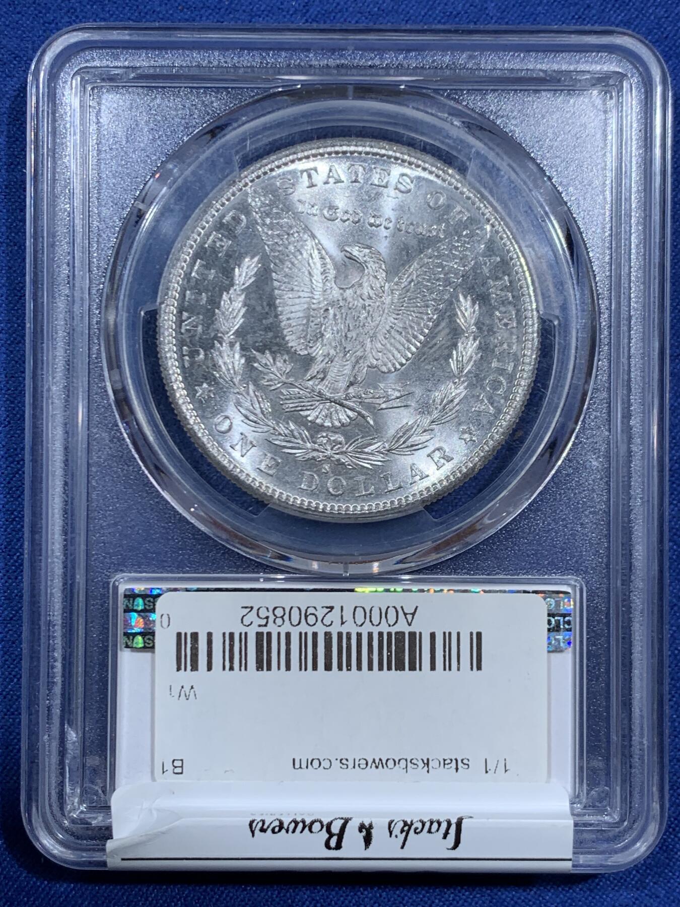 《竞宝斋》第460场 周日，周一，2场连拍 （全场包邮）欢迎送拍 NGC MS65 美国 1880年s版 摩根银币 当下银价大涨 盒子背面支撑有磕 细节见图