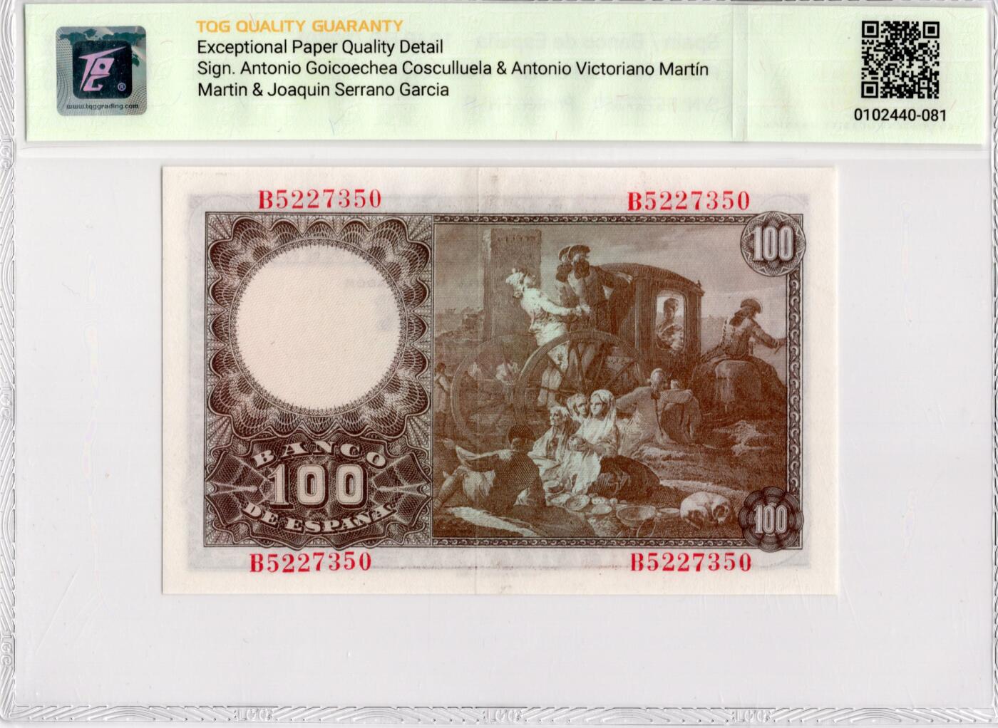 喜羊羊钱币收藏2026第14期(评级币场) 	西班牙	P-137a 1948年100比塞塔		66E				B5227350			