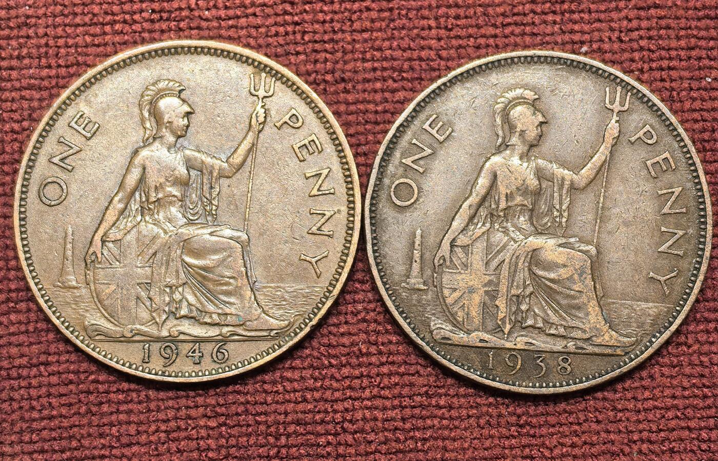 南宋泉阁俄币 外币 国币 专场第二十一期 【送拍无额外佣金】 英国 1938/1946年 乔治六世1便士铜币一对 好品 字口不错