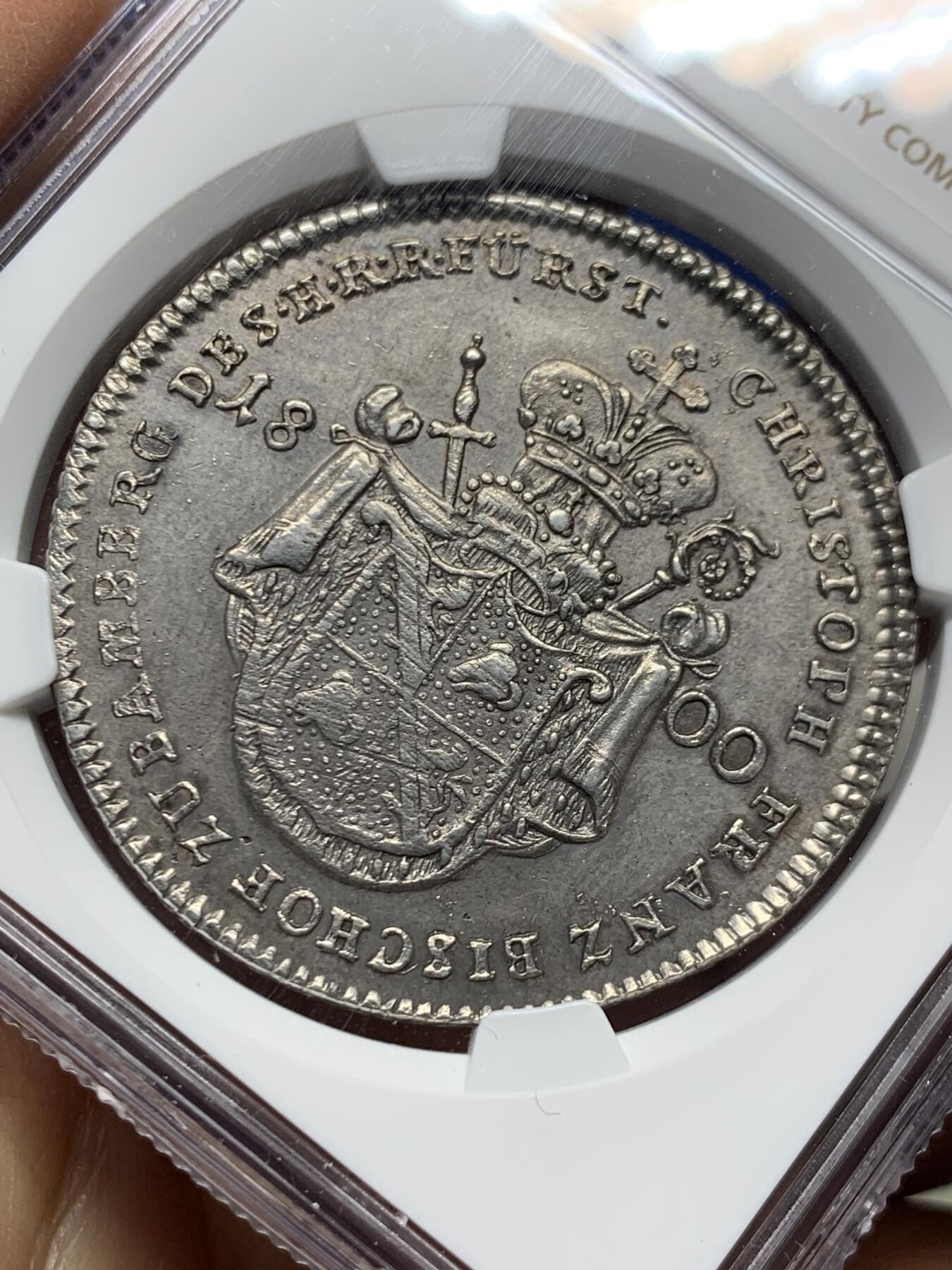 《竞宝斋》第460场 周日，周一，2场连拍 （全场包邮）欢迎送拍 NGC MS61 德国 1800班贝格主教区 景观泰勒 大银币 稀见MS品种