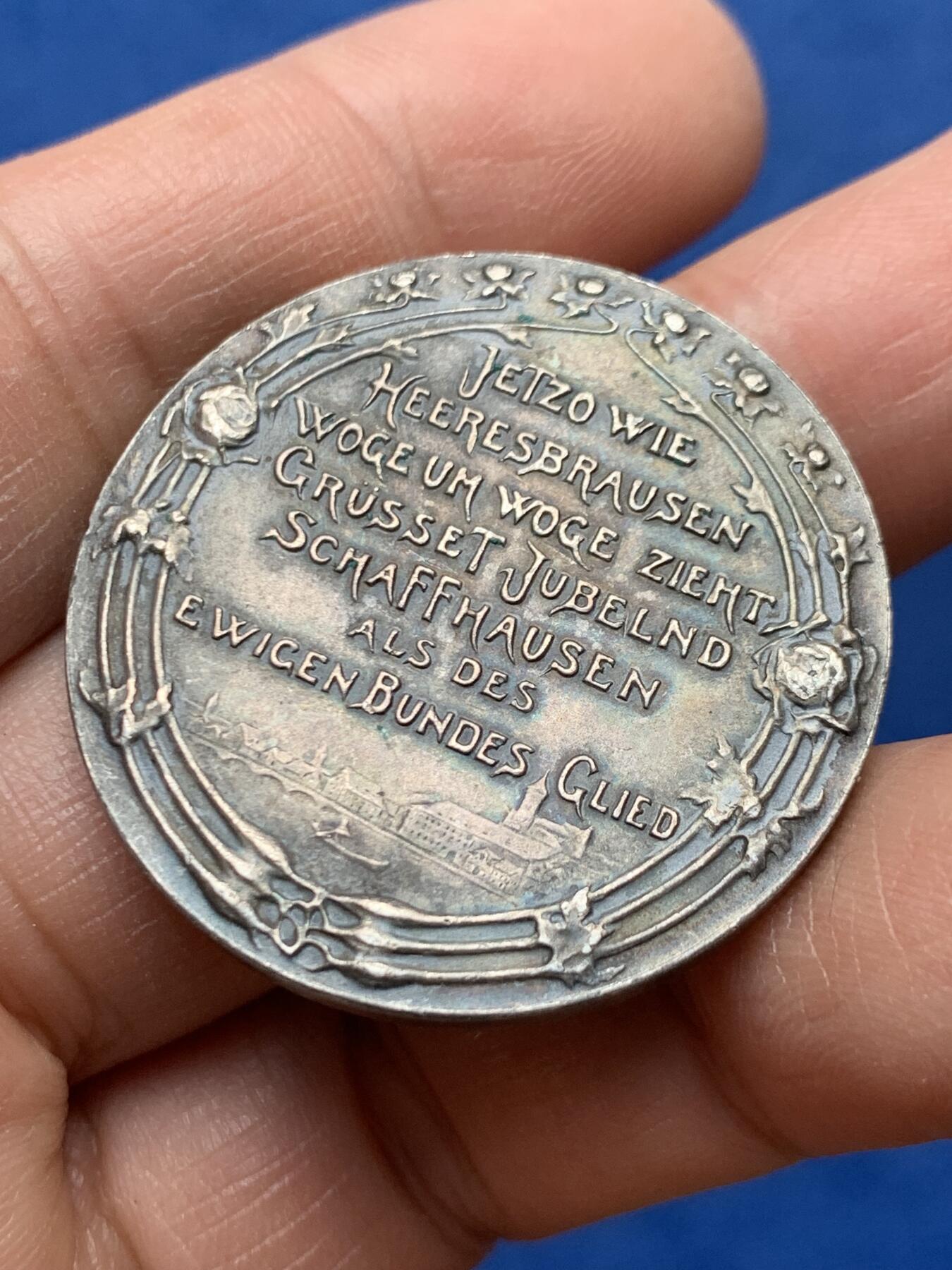 《竞宝斋》第460场 周日，周一，2场连拍 （全场包邮）欢迎送拍 1901年沙夫豪森州加入瑞士联邦400周年纪念银章 19.28克 35mm