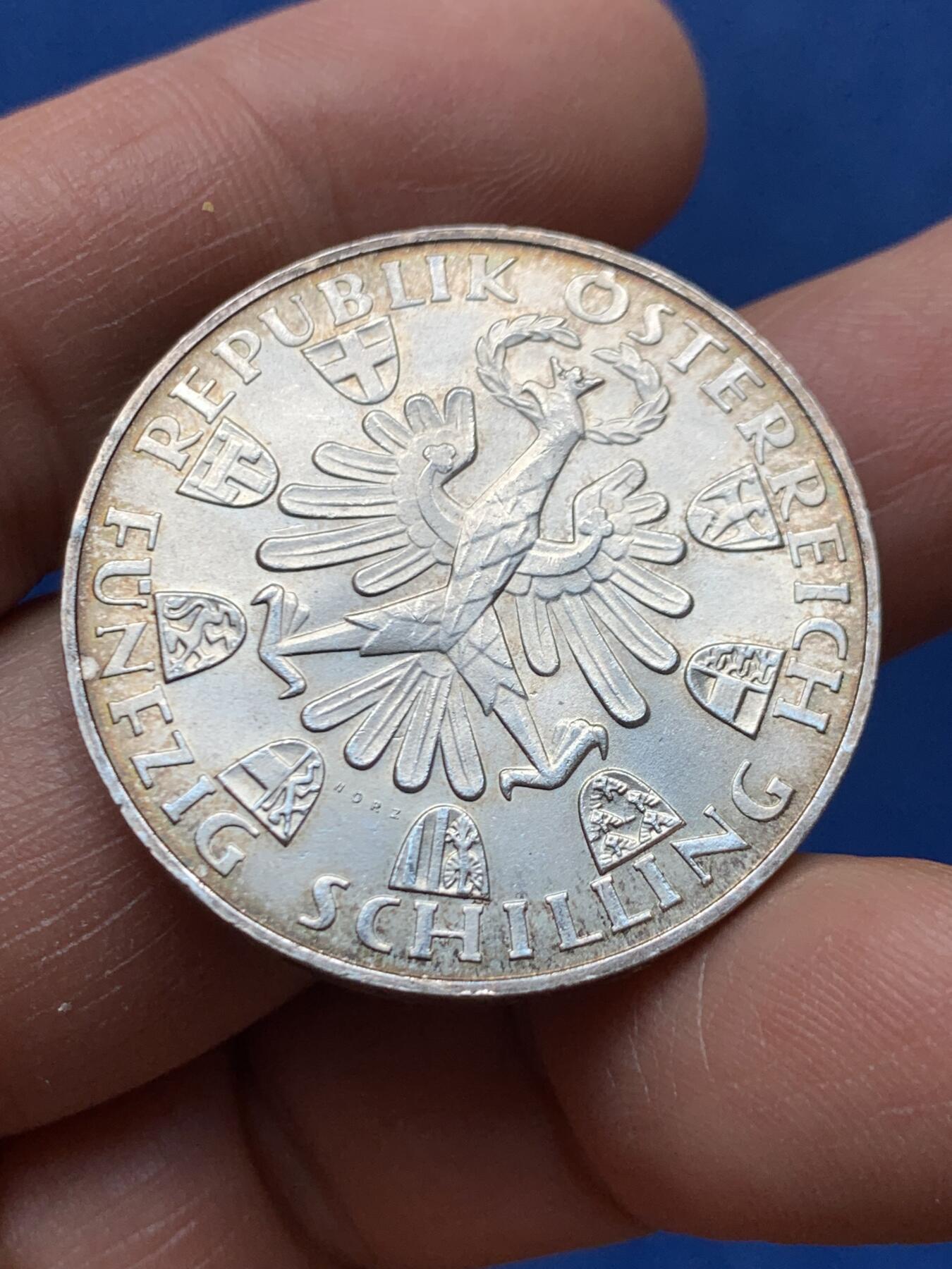 《竞宝斋》第460场 周日，周一，2场连拍 （全场包邮）欢迎送拍 奥地利 1959年 蒂罗尔解放150周年 50先令银币 900银 19.85克