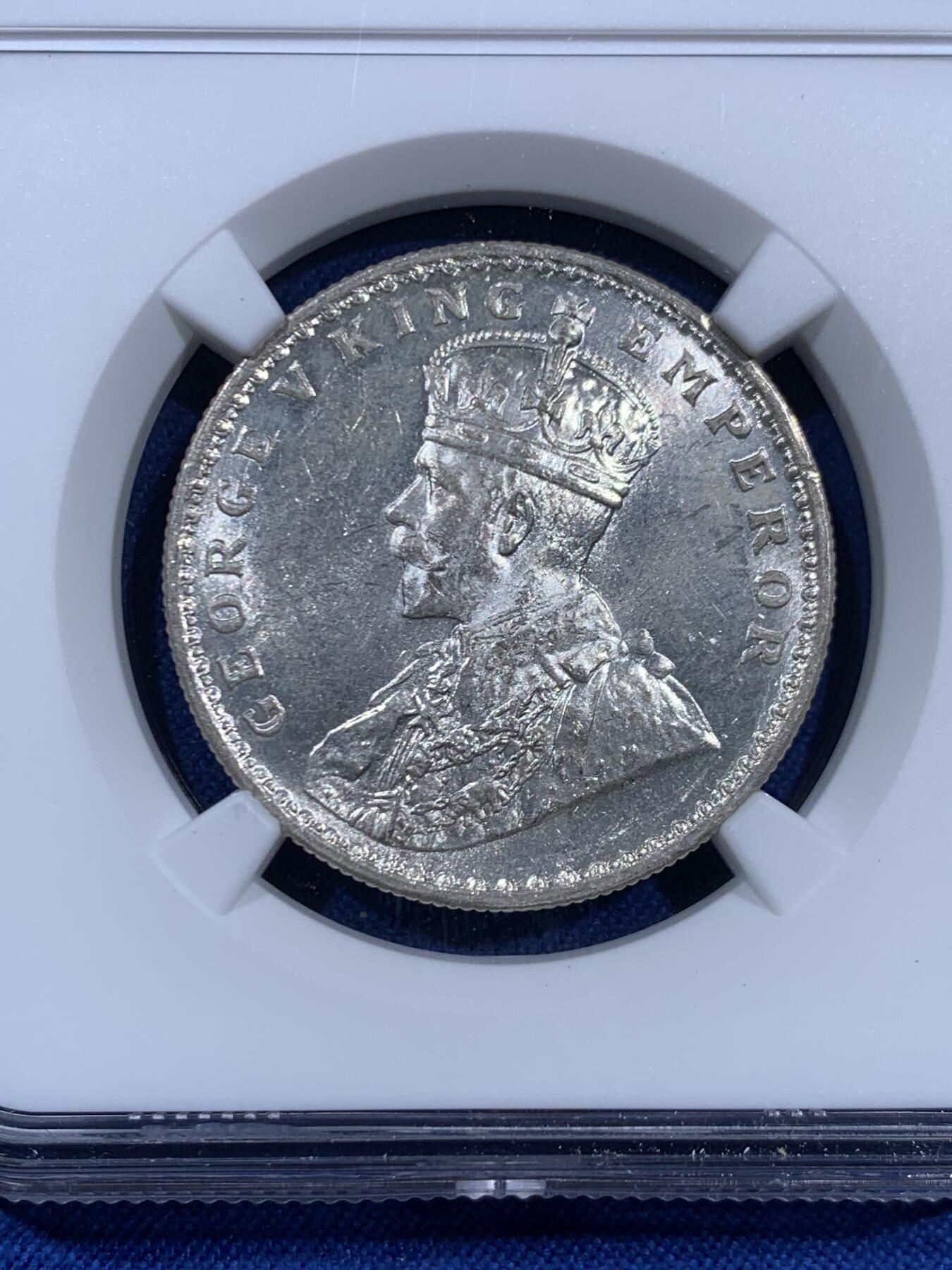 《竞宝斋》第460场 周日，周一，2场连拍 （全场包邮）欢迎送拍 NGC MS63 英属印度 1919年 乔治五世 1卢比 银币