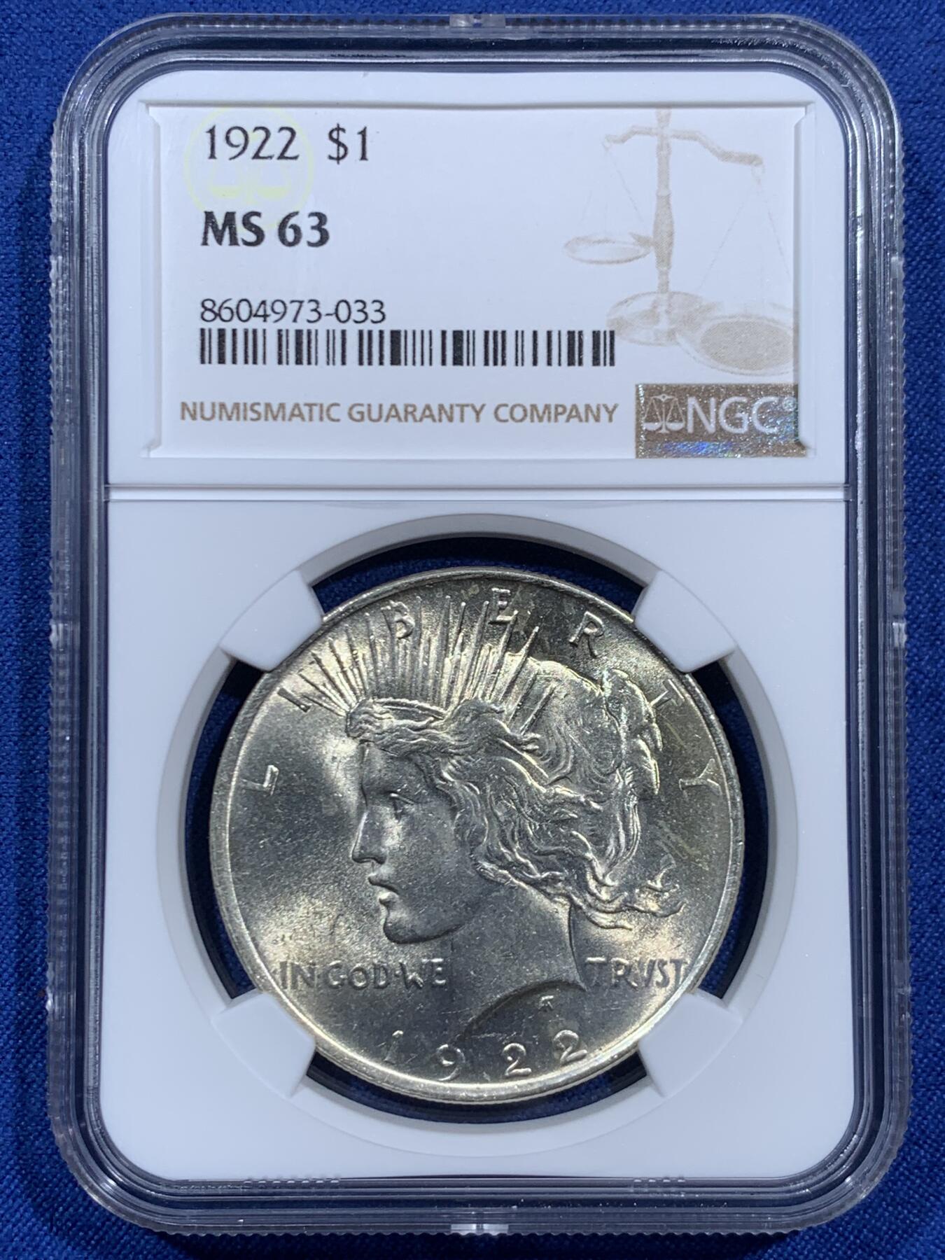 《竞宝斋》第460场 周日，周一，2场连拍 （全场包邮）欢迎送拍 NGC MS63 美国1922年和平鸽1元银币