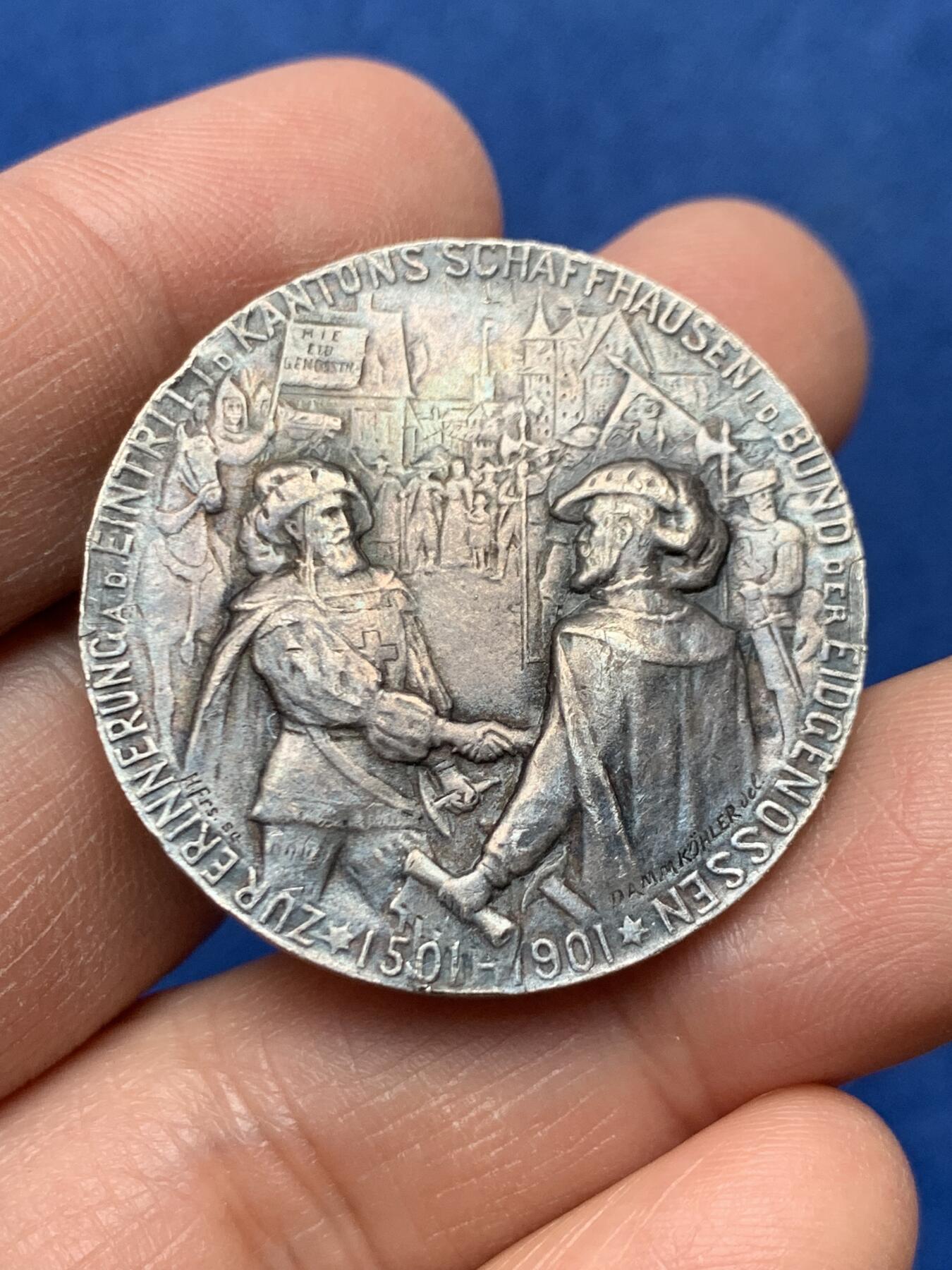 《竞宝斋》第460场 周日，周一，2场连拍 （全场包邮）欢迎送拍 1901年沙夫豪森州加入瑞士联邦400周年纪念银章 19.28克 35mm