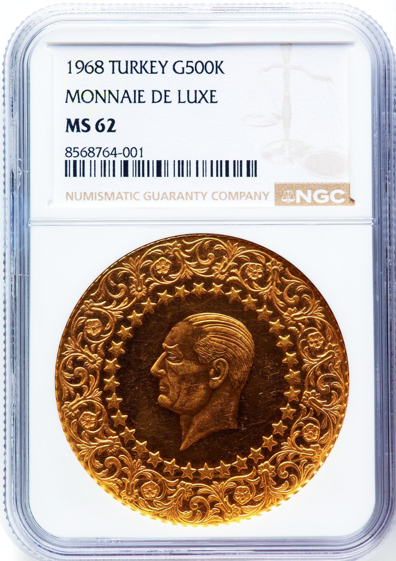 【Blue Auction】世界纸币精拍第777期——18级TOP拍卖/信誉/品质/专业/高效💫 【季军分 少见高值】土耳其 1968年500库鲁什 44.6mm超大直径金币 含纯金33.08克（1.064盎司 黄金参考价4900美金 实际稀有性、历史性和艺术性会有溢价）被称为“奢华金币”（Monnaie De Luxe）正面国父凯末尔头像 复杂精美的奥斯曼风格装饰花纹环绕 NGC MS62 金光灿灿 赏心悦目 