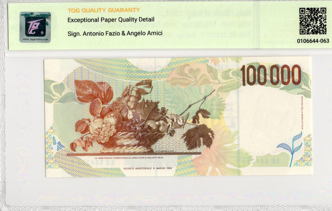 喜羊羊钱币收藏2026第14期(评级币场) 	意大利	P-117b 1994年100000里拉			66E				RD584772F			