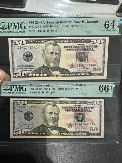 《外钞收藏家》第六百零三期（精选场）（本平台长期征集拍品、欢迎藏友们联系合作） - 2004年美国彩版50美元 2张一起 都是补号 PMG评级