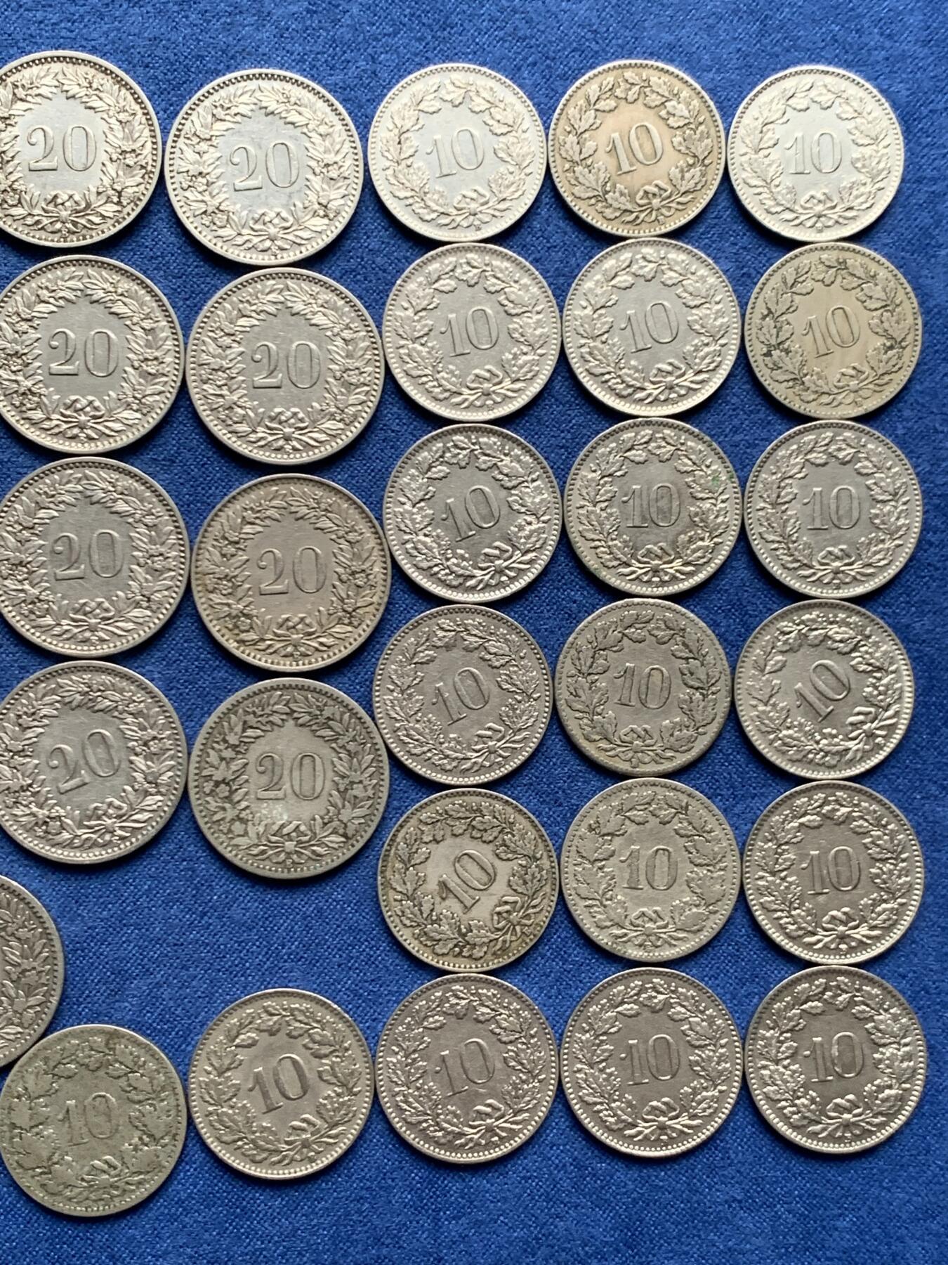 《竞宝斋》第460场 周日，周一，2场连拍 （全场包邮）欢迎送拍 49枚一组 瑞士早年份生丁镍币，20生丁13枚，10生丁21枚，5生丁15枚。都是1940年之前的年份，含1895年5生丁，1895弄10生丁1895/1885年20生丁镍币，凑年份的不要错过了