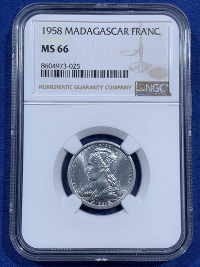 《竞宝斋》第460场 周日，周一，2场连拍 （全场包邮）欢迎送拍 - NGC MS66 法属马达加斯加1958年1法郎 高分