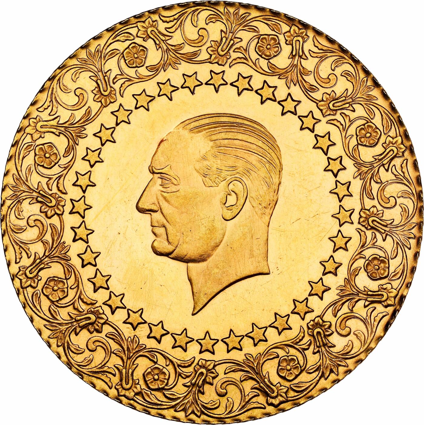 【Blue Auction】世界纸币精拍第777期——18级TOP拍卖/信誉/品质/专业/高效💫 【季军分 少见高值】土耳其 1968年500库鲁什 44.6mm超大直径金币 含纯金33.08克（1.064盎司 黄金参考价4900美金 实际稀有性、历史性和艺术性会有溢价）被称为“奢华金币”（Monnaie De Luxe）正面国父凯末尔头像 复杂精美的奥斯曼风格装饰花纹环绕 NGC MS62 金光灿灿 赏心悦目 