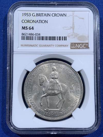 《竞宝斋》第460场 周日，周一，2场连拍 （全场包邮）欢迎送拍 - NGC MS64 英国1953年伊丽莎白二世登基克朗