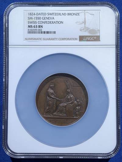 《竞宝斋》第460场 周日，周一，2场连拍 （全场包邮）欢迎送拍 - NGC MS63BN 1824年日内瓦加入瑞士邦联10周年纪念铜章 加大加厚盒