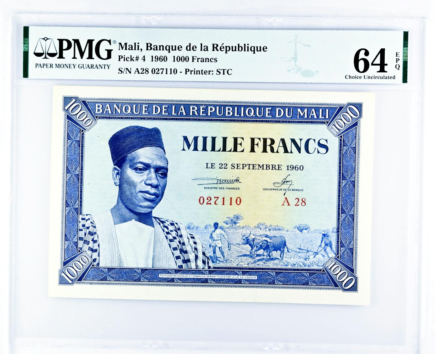 【Blue Auction】世界纸币精拍第777期——18级TOP拍卖/信誉/品质/专业/高效💫 【p4实钞 独立后第一套纸币次高值】马里 1960年1000法郎 号码字体表明这张纸币是由捷克斯洛伐克STC代印而成的 PMG64EPQ 民族风情浓郁 耕牛 