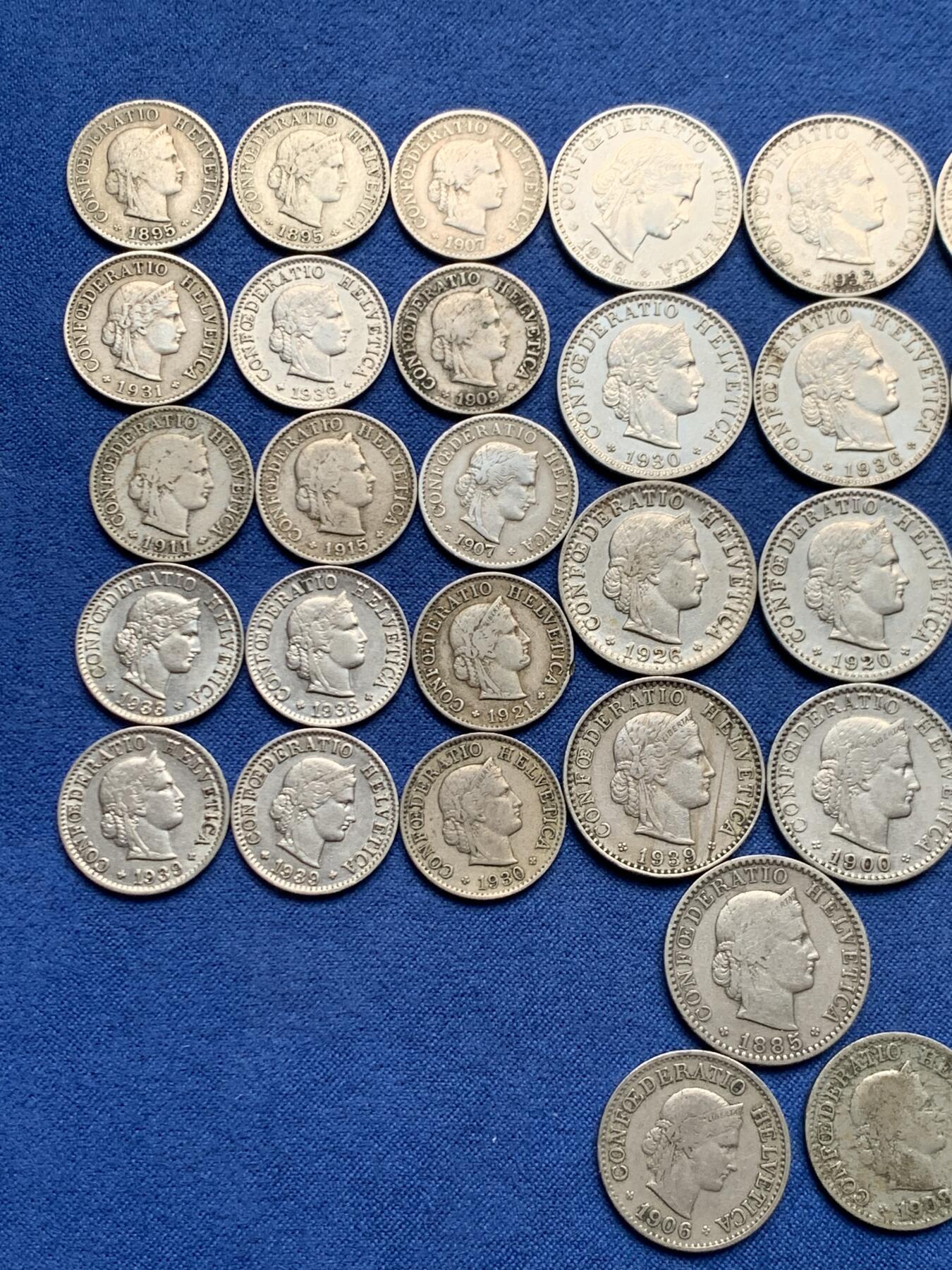 《竞宝斋》第460场 周日，周一，2场连拍 （全场包邮）欢迎送拍 49枚一组 瑞士早年份生丁镍币，20生丁13枚，10生丁21枚，5生丁15枚。都是1940年之前的年份，含1895年5生丁，1895弄10生丁1895/1885年20生丁镍币，凑年份的不要错过了