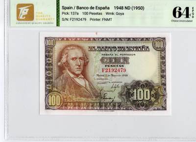 喜羊羊钱币收藏2026第14期(评级币场) - 	西班牙	P-137a 1948年100比塞塔	64E				F2192479			