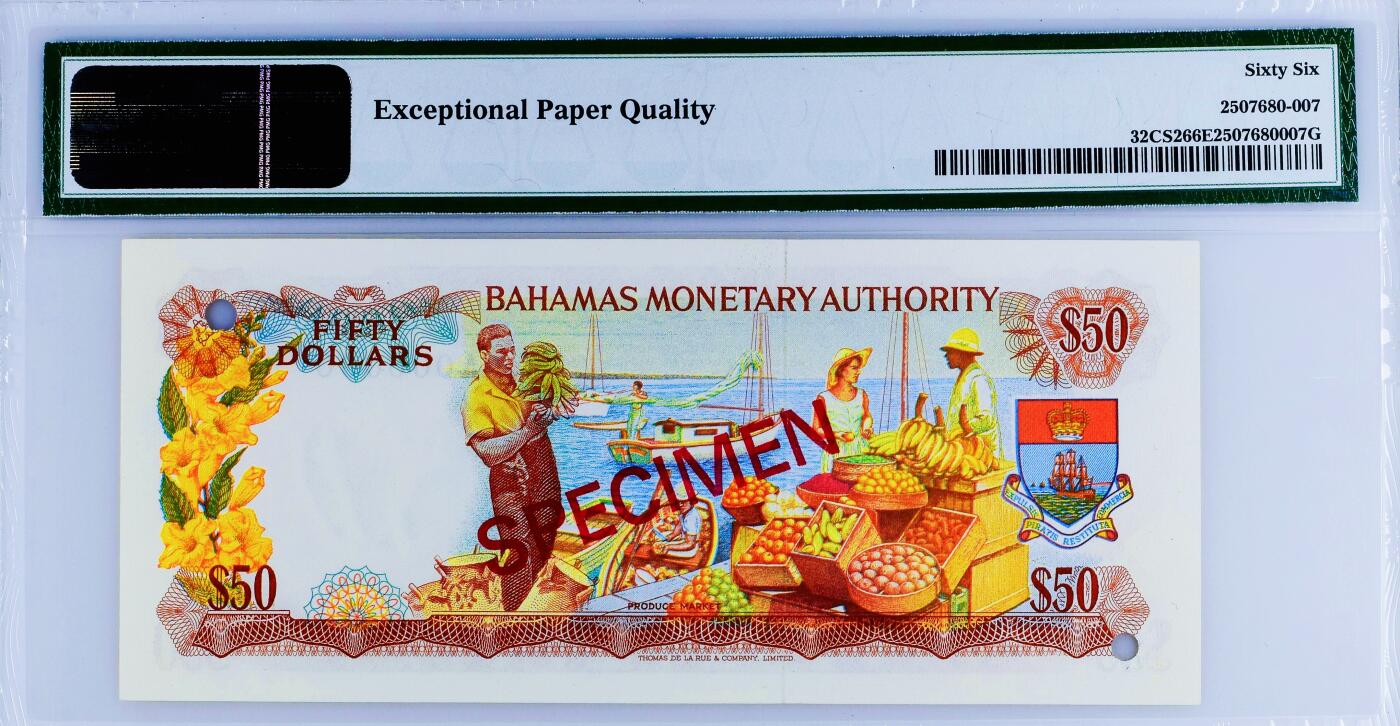 【Blue Auction】世界纸币精拍第777期——18级TOP拍卖/信誉/品质/专业/高效💫 【样钞】巴哈马 1968年50元 海港贸易风情 水果摊 彩背 女王 次高值 印刷品质相同 实钞价格太贵 凑套可完全替代 PMG66EPQ 高分老壳 