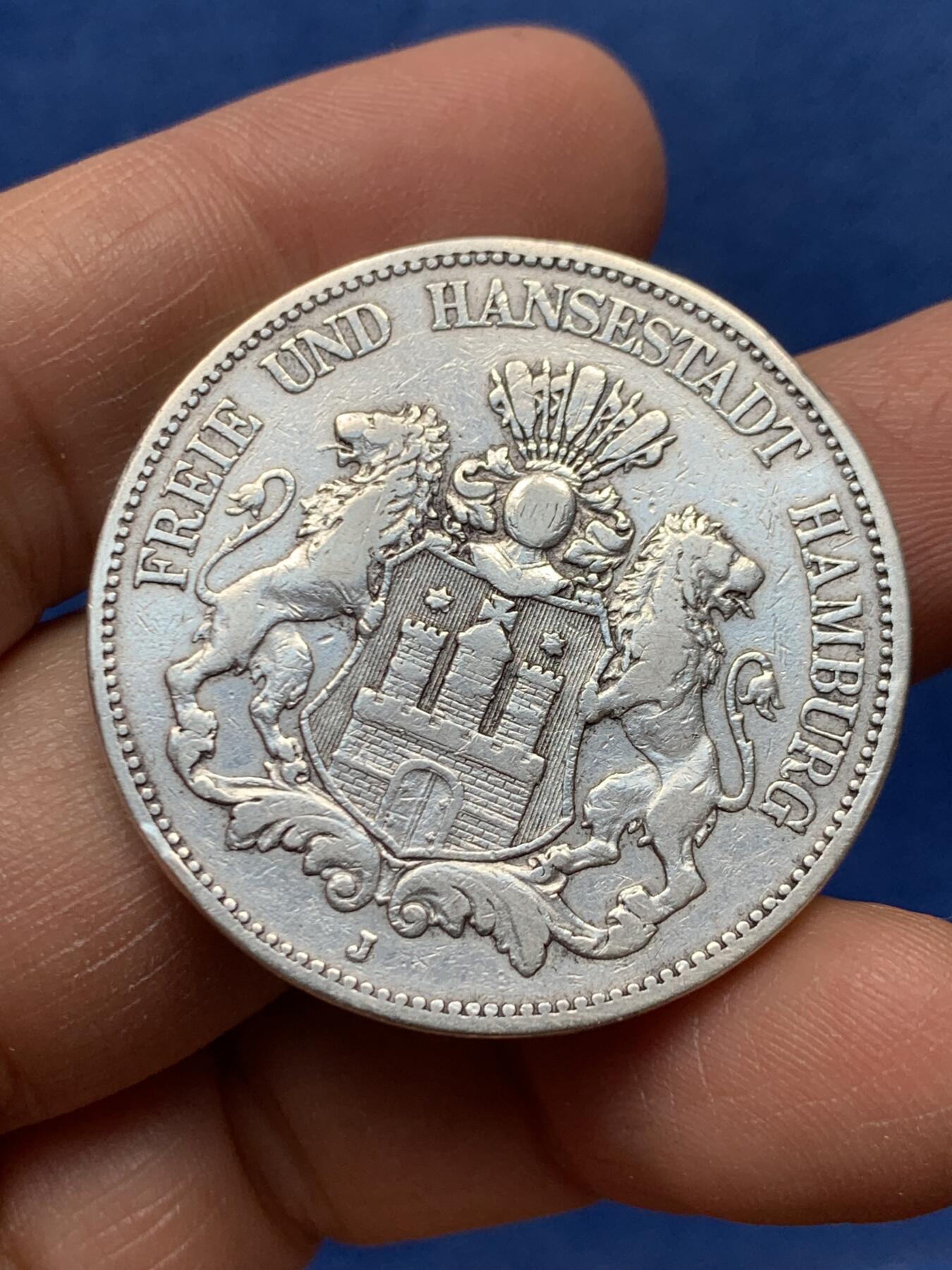 《竞宝斋》第460场 周日，周一，2场连拍 （全场包邮）欢迎送拍 德国 1876年J厂 汉堡5马克 稀少短翅鹰 27.45克