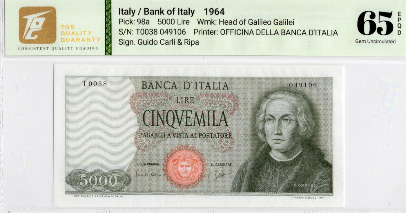 喜羊羊钱币收藏2026第14期(评级币场) 	意大利	P-98a 1964年5000里拉			65E				T0038 049106			