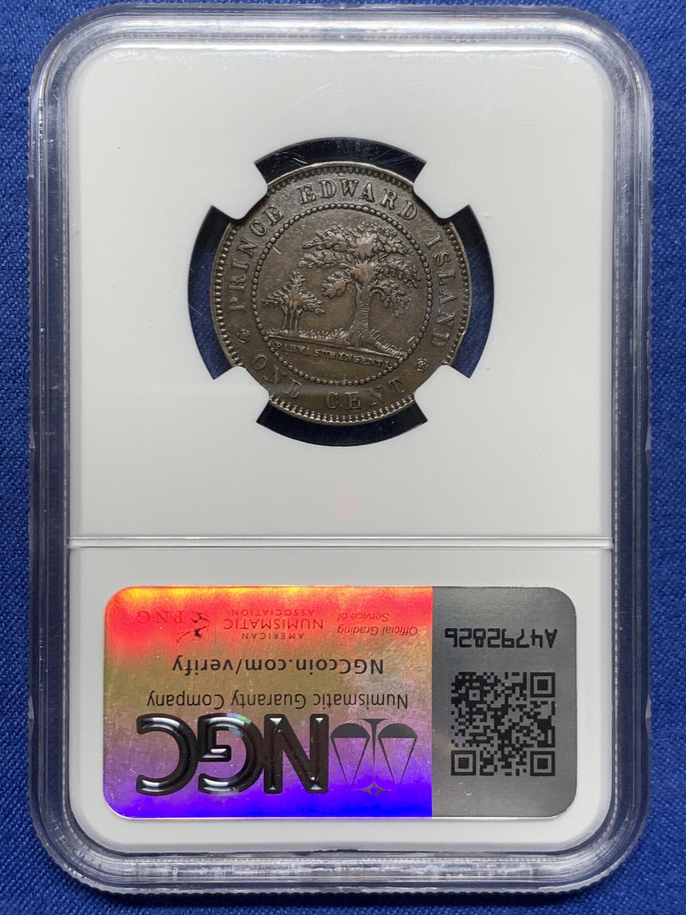 《竞宝斋》第460场 周日，周一，2场连拍 （全场包邮）欢迎送拍 NGC XF40BN 加拿大1871年爱德华王子岛1分铜币，少见品种，有分难得