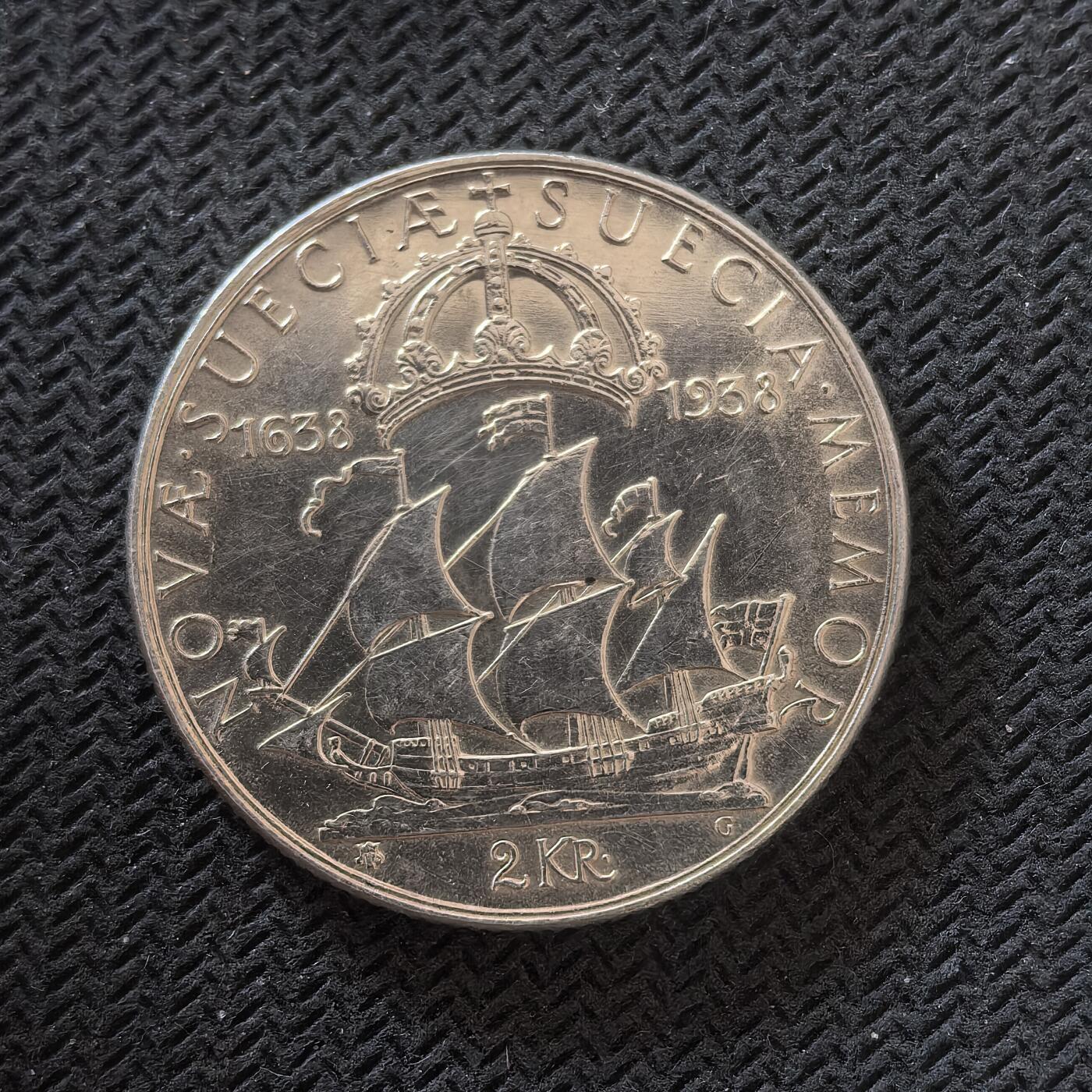 道一币馆币章第一百六十四场 瑞典1938年特拉华州移民300周年2克朗银币  15g 800s