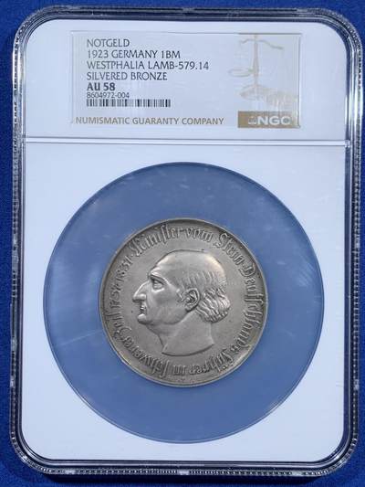 《竞宝斋》第460场 周日，周一，2场连拍 （全场包邮）欢迎送拍 - NGC AU58 德国1923年德紧威斯特法伦马币1万亿马克大名誉品人类货币史上面值最大的硬币马币系列中的大key原味好状态发行量仅一万余枚