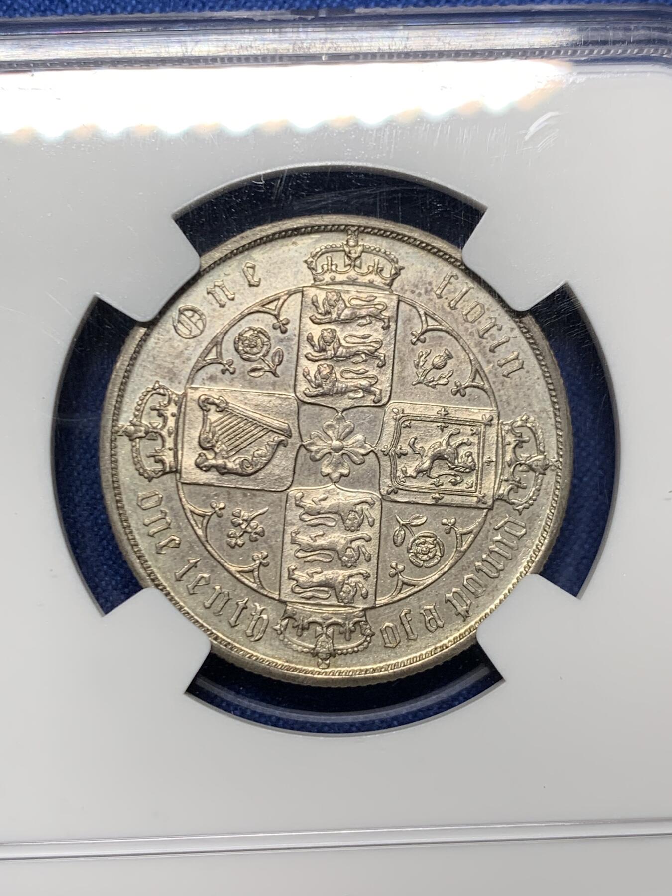 《竞宝斋》第460场 周日，周一，2场连拍 （全场包邮）欢迎送拍 NGC UNC 英国 1887年 哥特体福林银币 细节非常好 感觉可以再试试评级