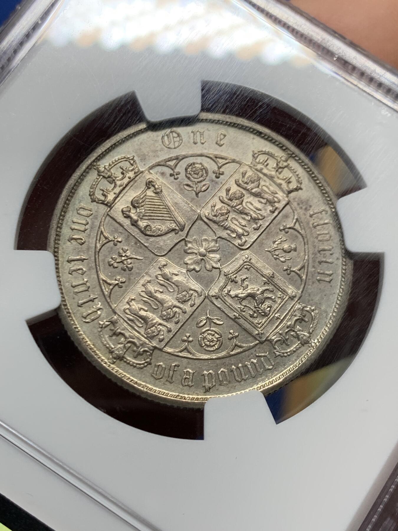 《竞宝斋》第460场 周日，周一，2场连拍 （全场包邮）欢迎送拍 NGC UNC 英国 1887年 哥特体福林银币 细节非常好 感觉可以再试试评级