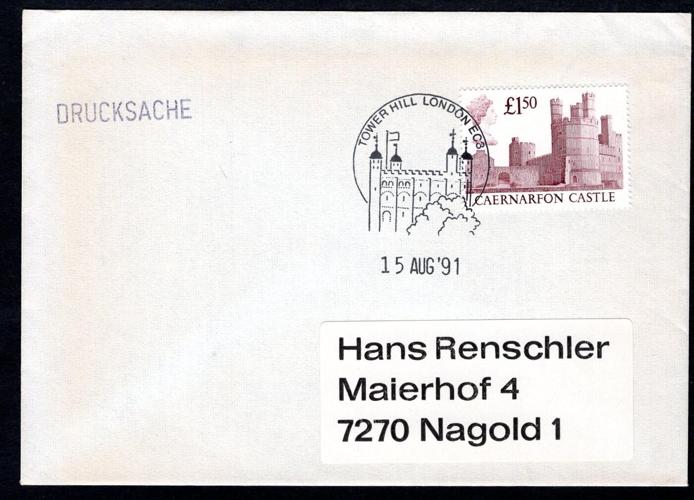 洪涛臻品批发群 精选邮票限时拍卖第1232期  英国1991年寄德国实寄封,1.5英镑卡那封城堡,带原始内件