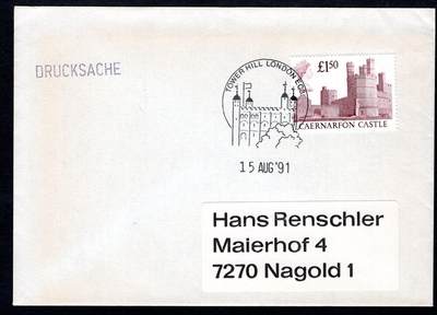 洪涛臻品批发群 精选邮票限时拍卖第1232期  - 英国1991年寄德国实寄封,1.5英镑卡那封城堡,带原始内件