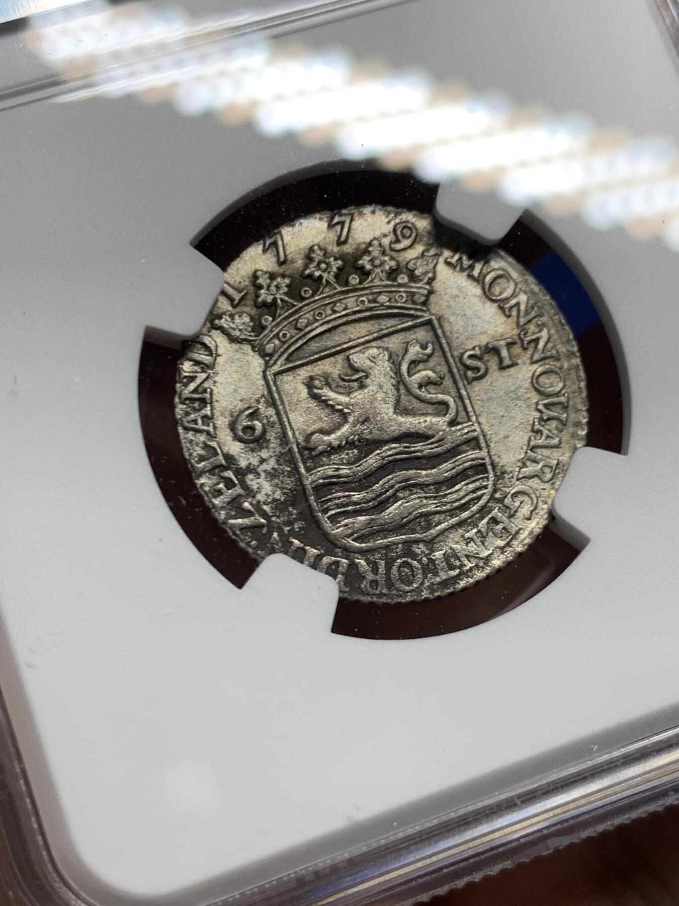 《竞宝斋》第460场 周日，周一，2场连拍 （全场包邮）欢迎送拍 NGC UNCD 泽兰省（荷兰共和国）1779年6S银币 泽兰王冠纹章+三桅船