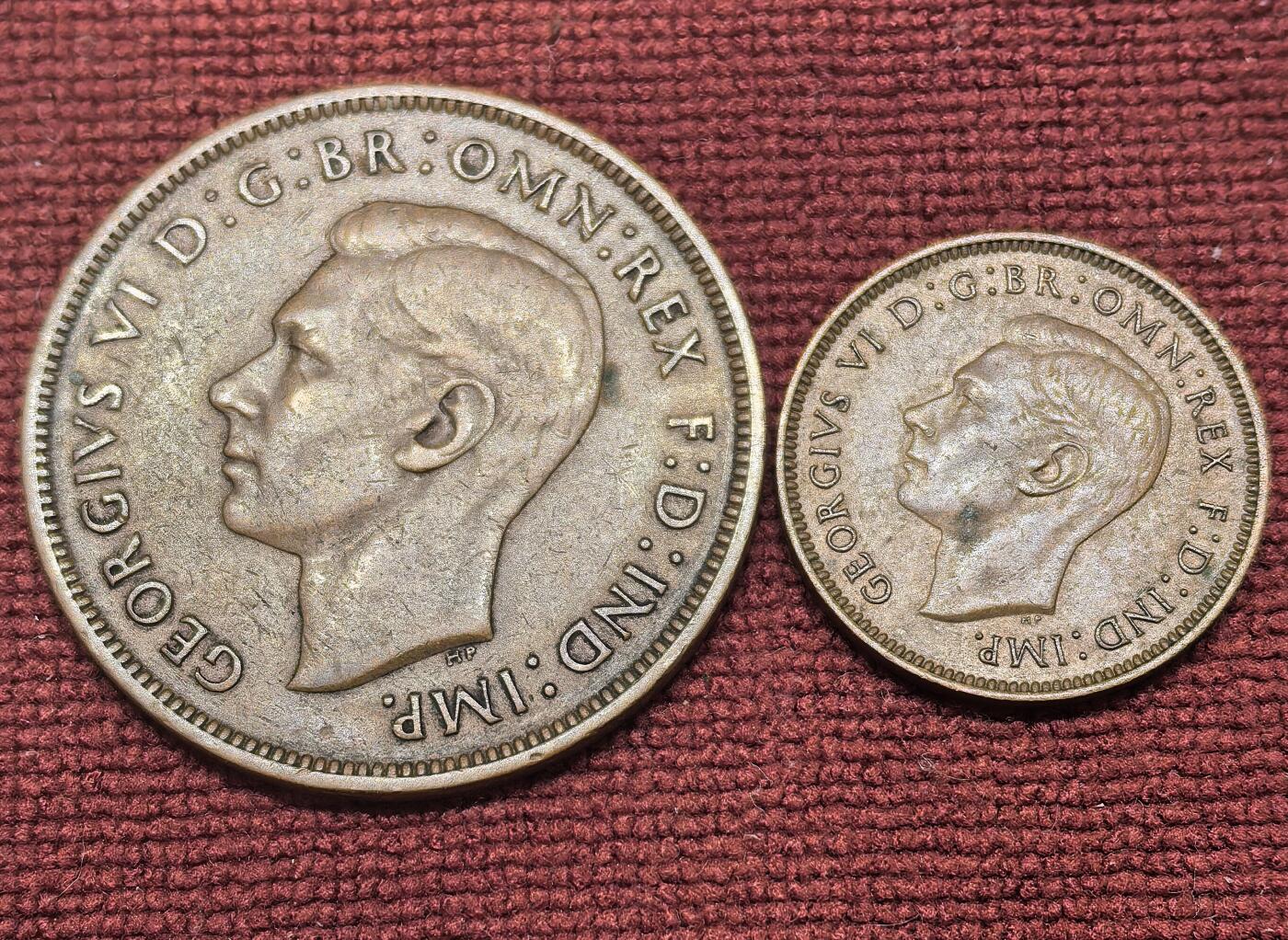 南宋泉阁俄币 外币 国币 专场第二十一期 【送拍无额外佣金】 英国 1937/1944年 乔治六世1便士/1法新铜币一对好品 字口不错