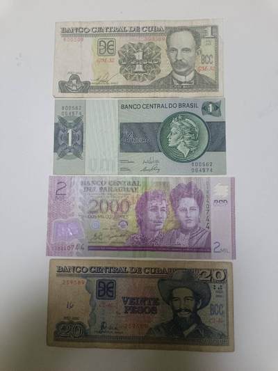 【20260122】非全新纸币和硬币第328场 - 南美洲国家4张纸币，有字迹