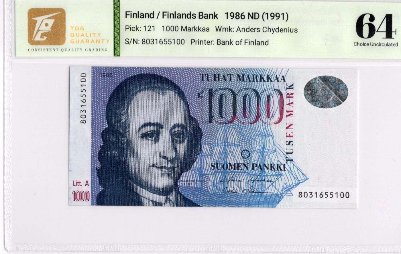 喜羊羊钱币收藏2026第14期(评级币场) 芬兰	P-121 1986(ND1991)年1000马克		64,右上角有折				8031655100			