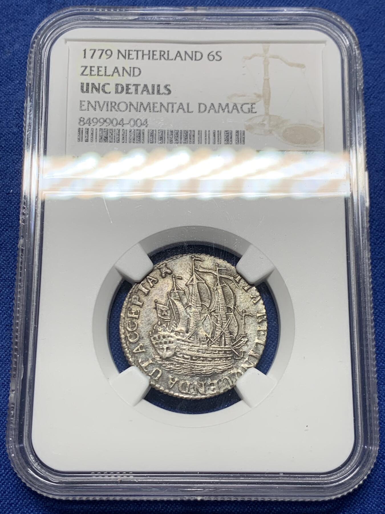 《竞宝斋》第460场 周日，周一，2场连拍 （全场包邮）欢迎送拍 NGC UNCD 泽兰省（荷兰共和国）1779年6S银币 泽兰王冠纹章+三桅船