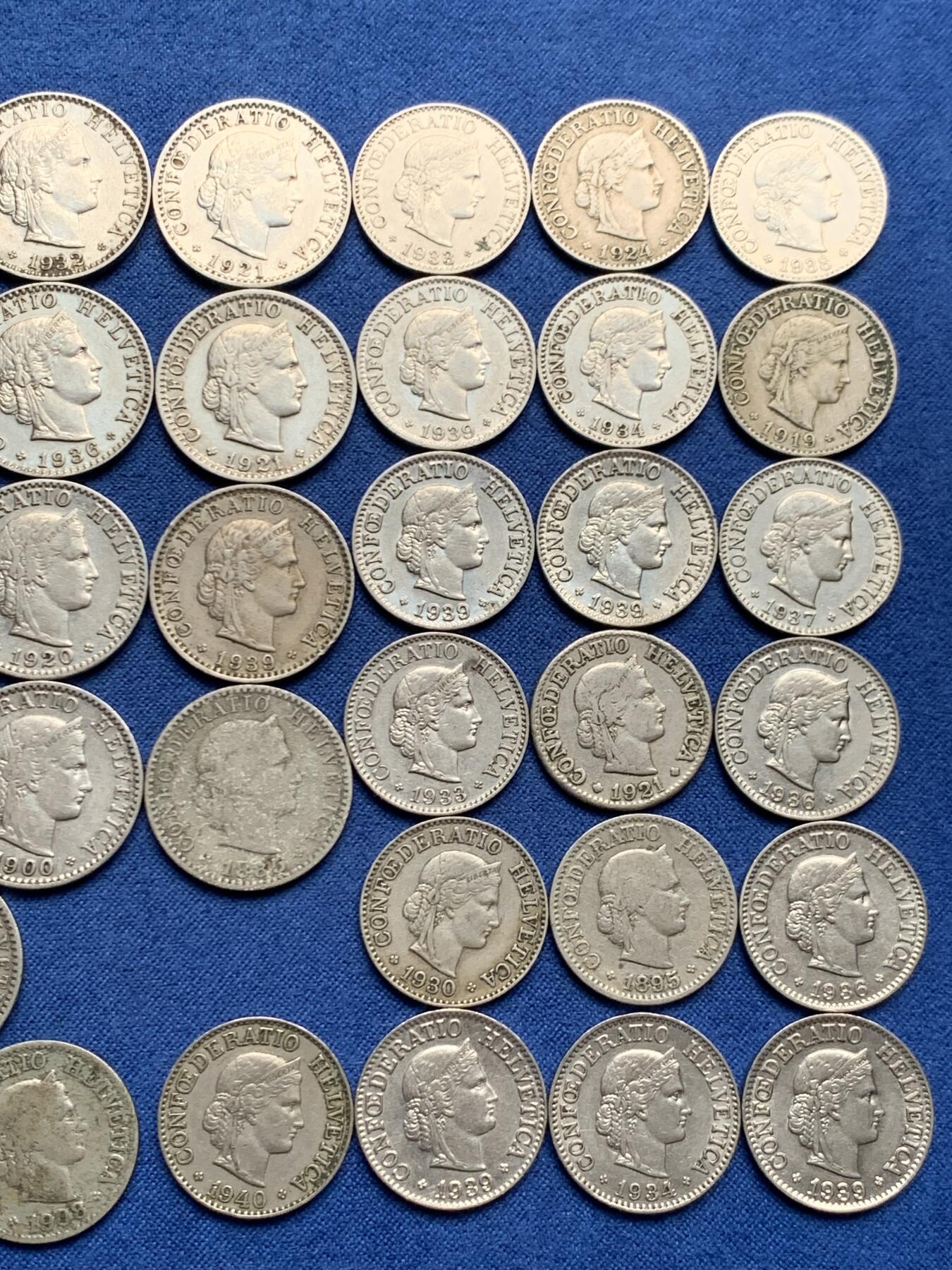 《竞宝斋》第460场 周日，周一，2场连拍 （全场包邮）欢迎送拍 49枚一组 瑞士早年份生丁镍币，20生丁13枚，10生丁21枚，5生丁15枚。都是1940年之前的年份，含1895年5生丁，1895弄10生丁1895/1885年20生丁镍币，凑年份的不要错过了