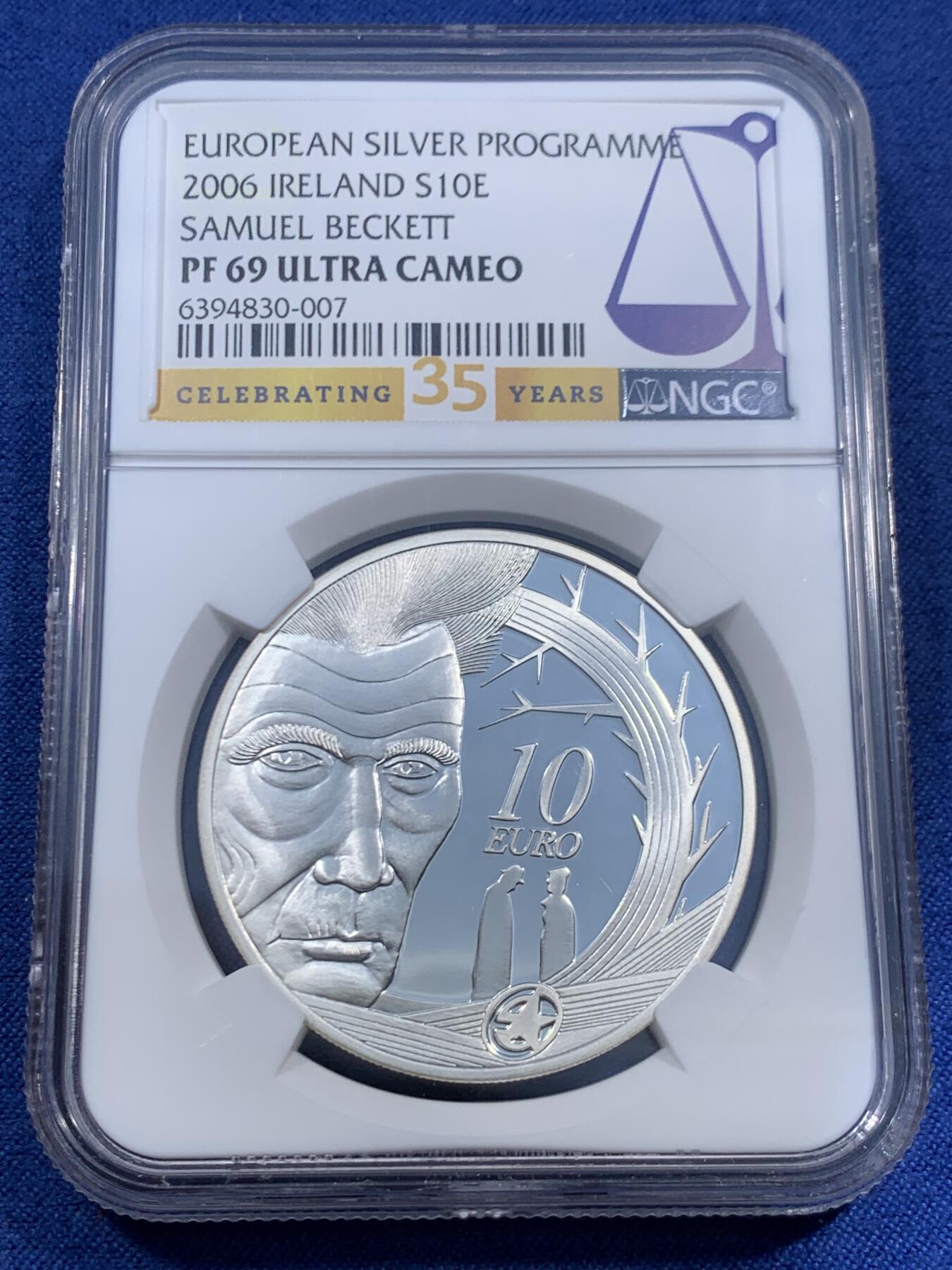 《竞宝斋》第460场 周日，周一，2场连拍 （全场包邮）欢迎送拍 NGC PF69UC 2006年爱尔兰诺贝尔文学奖获得者之荒诞戏剧作家贝克特10欧银币