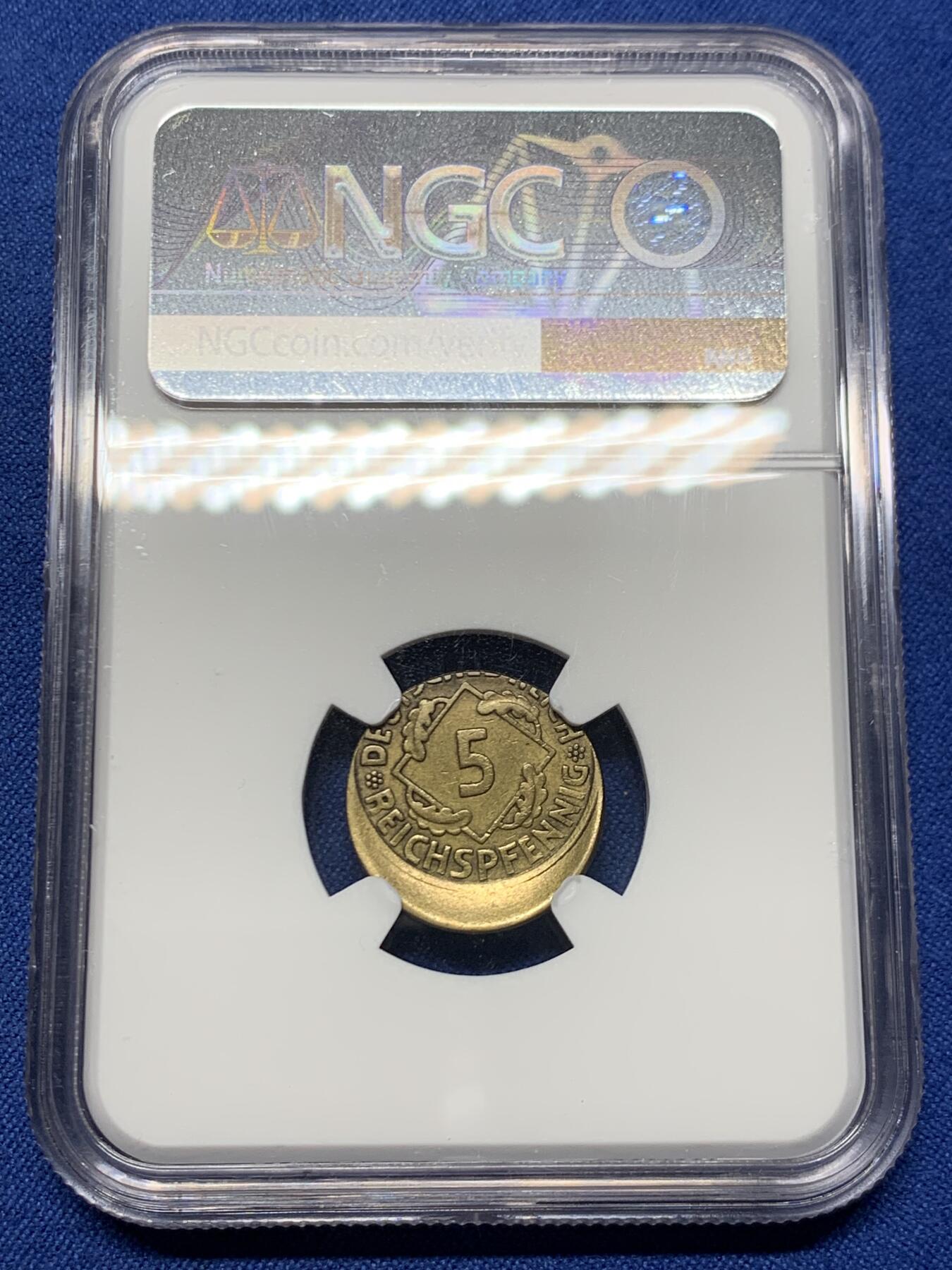 《竞宝斋》第460场 周日，周一，2场连拍 （全场包邮）欢迎送拍 NGC AU50 德国 1930年 5芬尼 这个时期偏打达到30%的币很难遇到