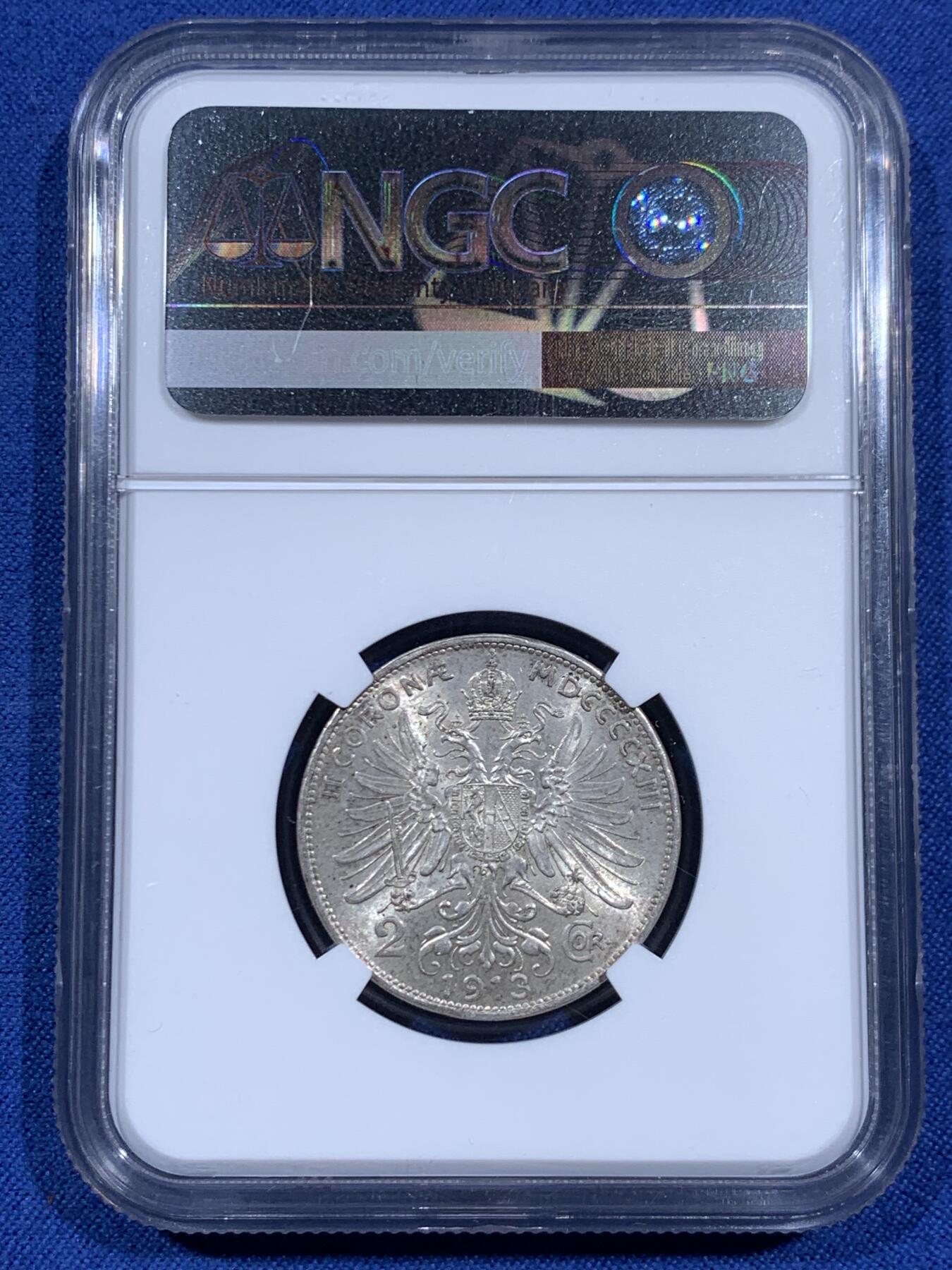 《竞宝斋》第460场 周日，周一，2场连拍 （全场包邮）欢迎送拍 NGC MS63 奥地利 1913年 2克朗 银币 转光强烈