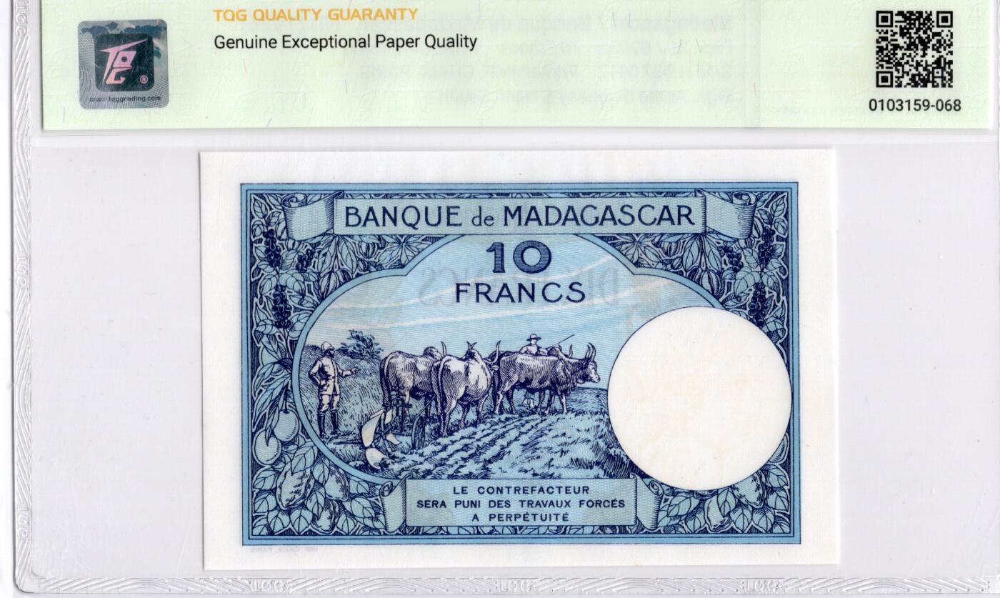 喜羊羊钱币收藏2026第14期(评级币场) 	马达加斯加	P-36 1937年10法郎	418	120	30	568	680	66E				H.507 0912			