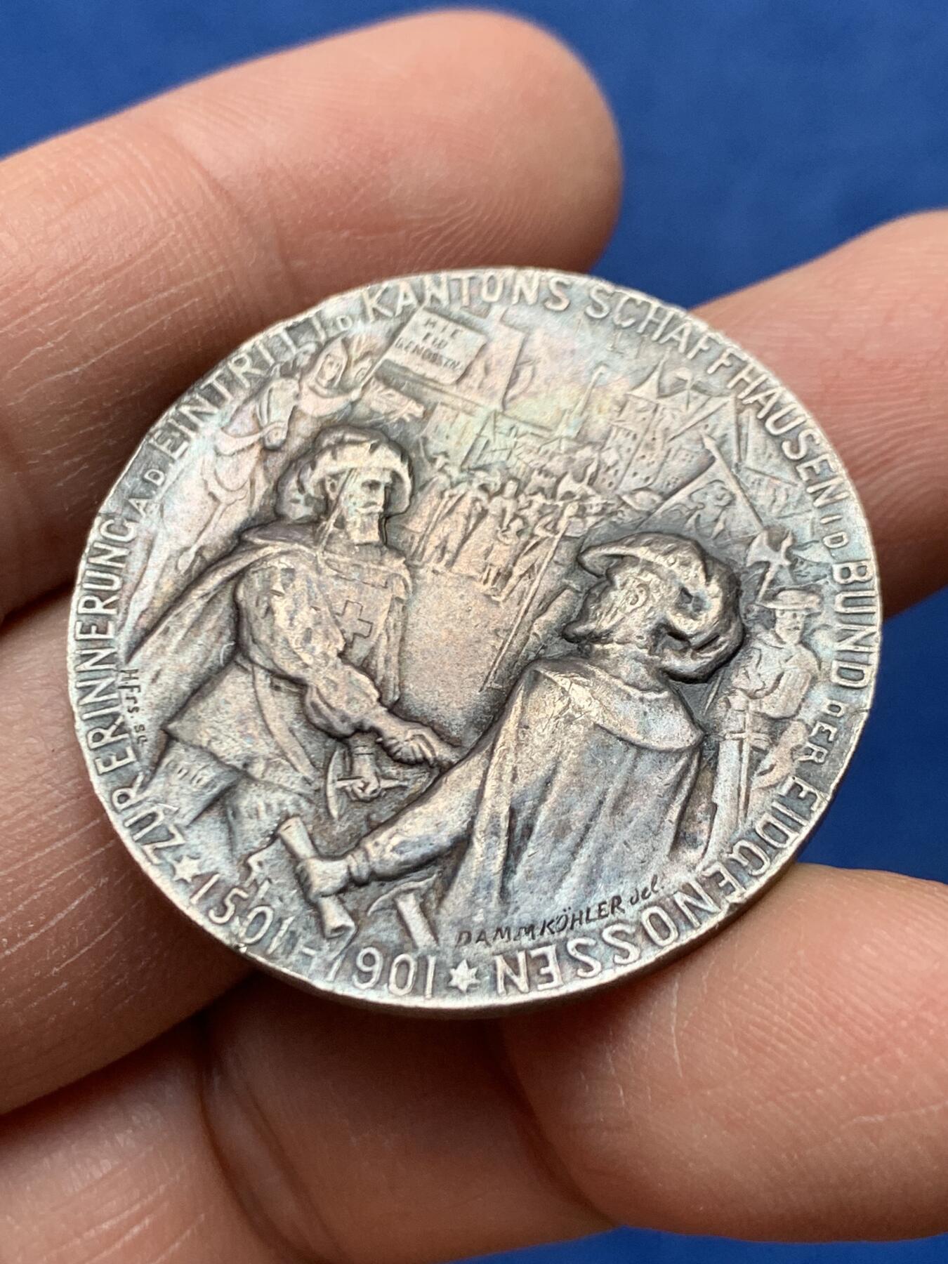 《竞宝斋》第460场 周日，周一，2场连拍 （全场包邮）欢迎送拍 1901年沙夫豪森州加入瑞士联邦400周年纪念银章 19.28克 35mm