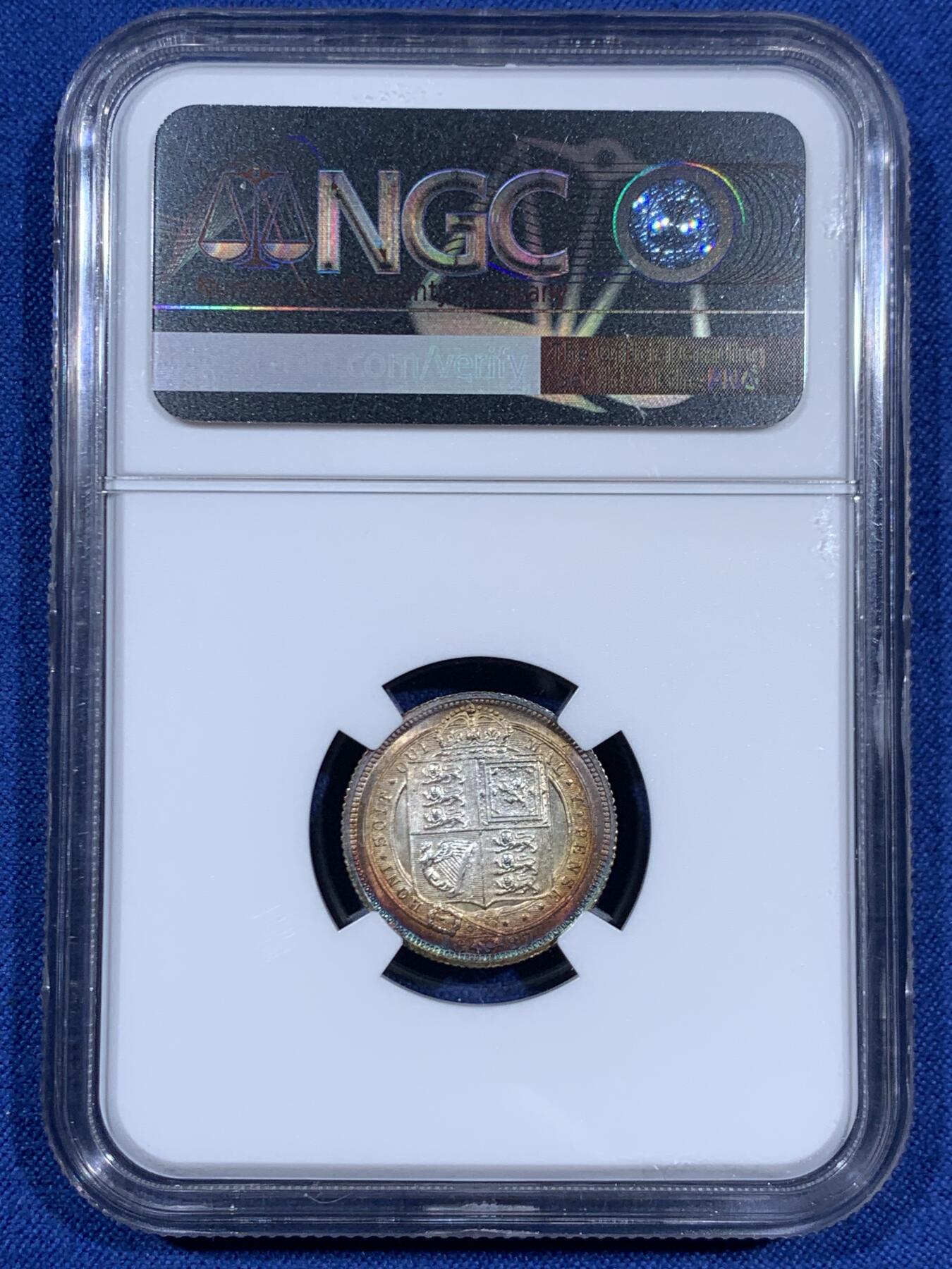 《竞宝斋》第460场 周日，周一，2场连拍 （全场包邮）欢迎送拍 NGC MS63 英国 1887年 维多利亚女王高冠6便士银币 转光强烈 包浆好看