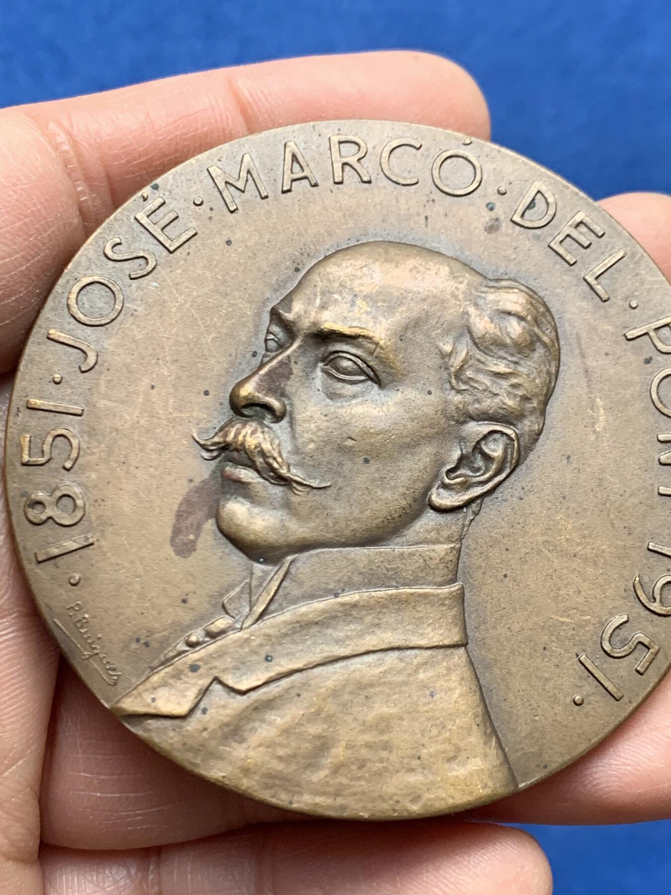 《竞宝斋》第460场 周日，周一，2场连拍 （全场包邮）欢迎送拍 阿根廷 1951年 著名集邮家何塞·马科·戴尔·庞特铜章 73.85g 60.5mm