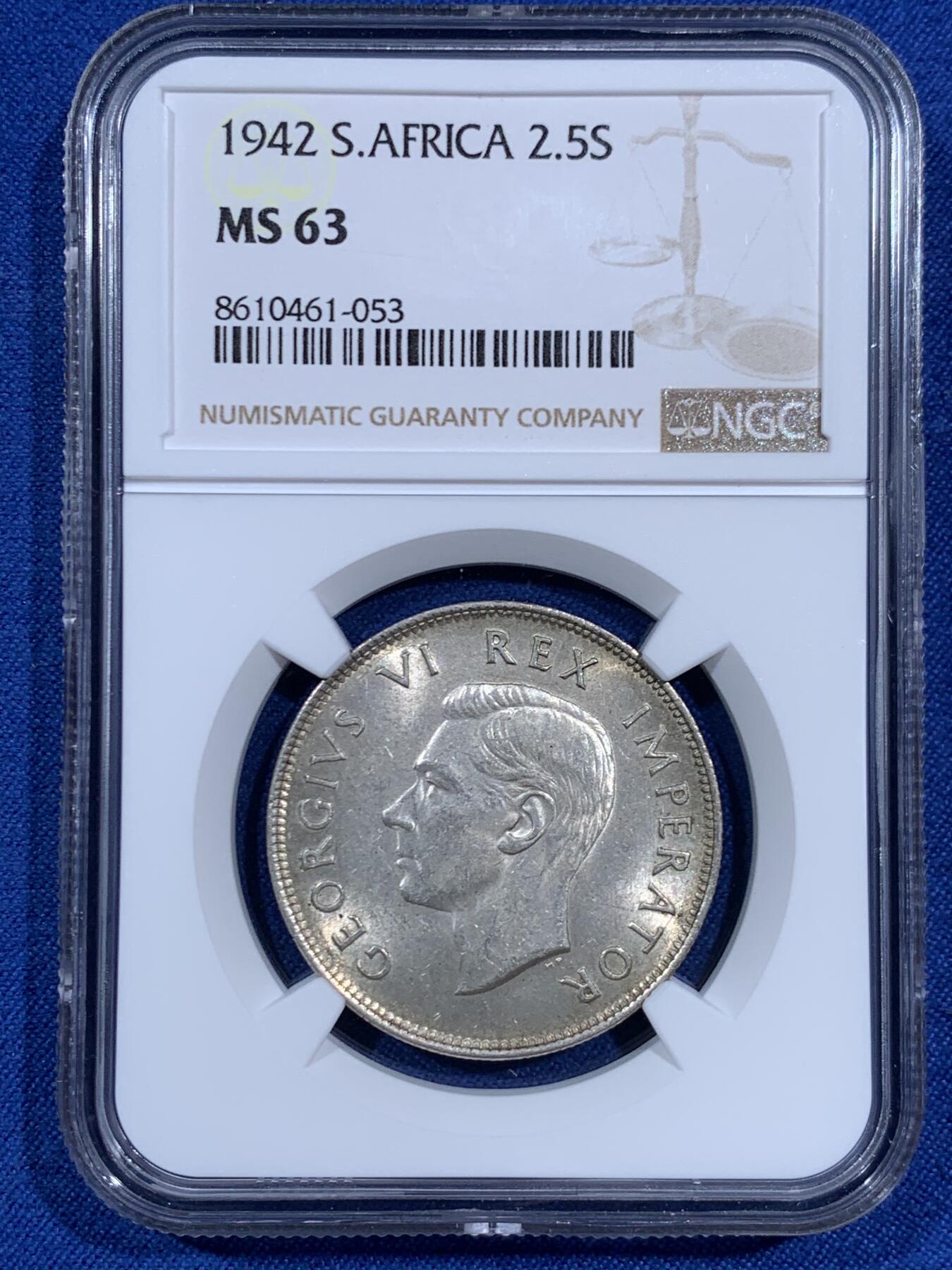 《竞宝斋》第460场 周日，周一，2场连拍 （全场包邮）欢迎送拍 NGC MS63 名誉品英属南非1942年半克朗银币，稀奇首拍MS63的分数 很难遇到的品种