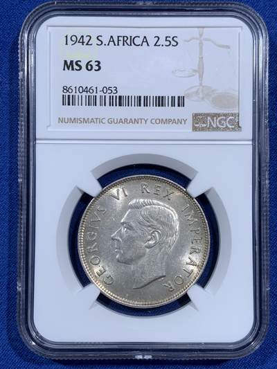 《竞宝斋》第460场 周日，周一，2场连拍 （全场包邮）欢迎送拍 - NGC MS63 名誉品英属南非1942年半克朗银币，稀奇首拍MS63的分数 很难遇到的品种