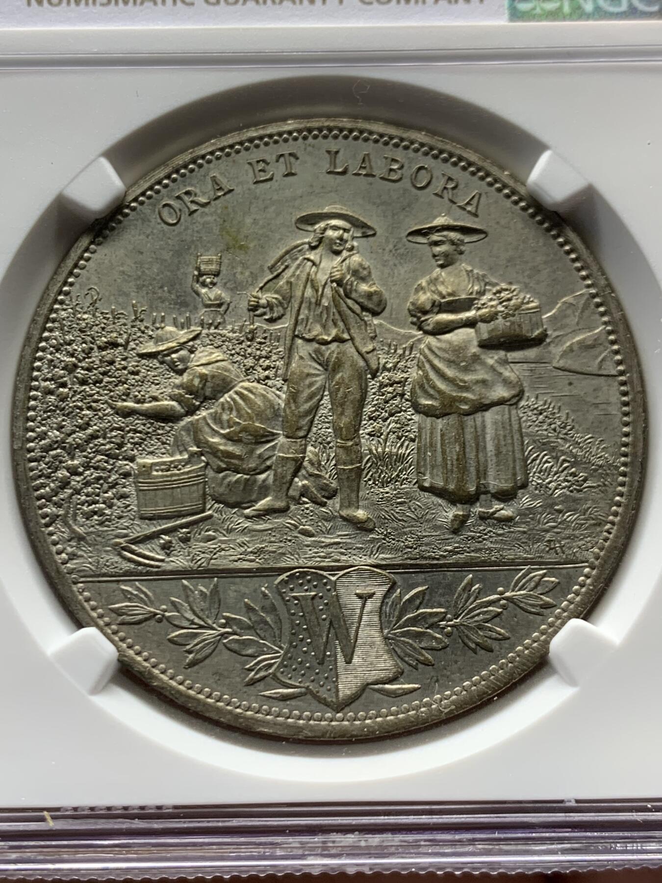 《竞宝斋》第460场 周日，周一，2场连拍 （全场包邮）欢迎送拍 NGC MS64 瑞士 1889年 沃韦葡萄酒节 镀银铜章 精美设计 非常细腻