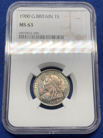 《竞宝斋》第460场 周日，周一，2场连拍 （全场包邮）欢迎送拍 - NGC MS63 英国 1900年 维多利亚 批纱版 1先令银币 盾徽版 两面炫彩包浆 少见状态 63中的上品