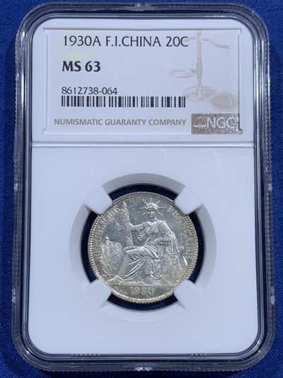 《竞宝斋》第460场 周日，周一，2场连拍 （全场包邮）欢迎送拍 - NGC MS63 法属印支1930年坐洋20分银币 少见年份